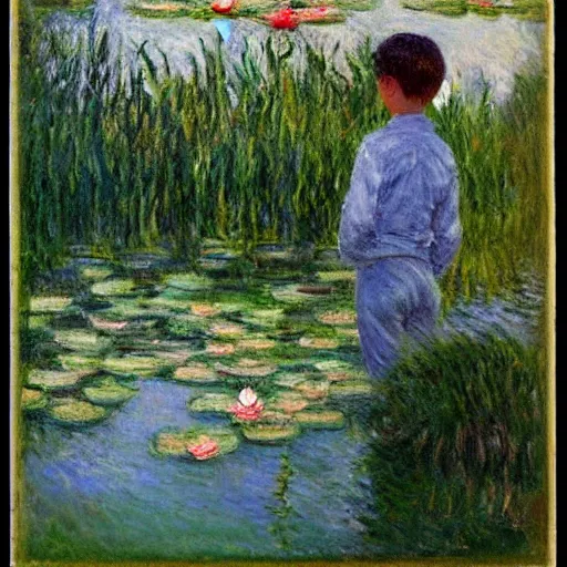 Prompt: in the style of Monet, a boy is Looking at the lotus in the lake,very high details, facial details