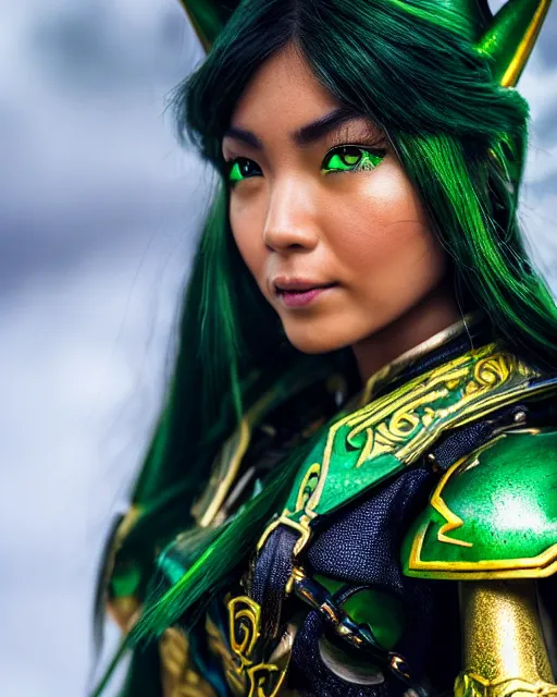 Image similar to a beautiful close up photo of a Filipina female elf ranger with long hair and green eyes, no helmet, wearing green and gold futuristic mecha armor, with ornate rune carvings and glowing lining, very detailed, shot in canon 50mm f/1.2