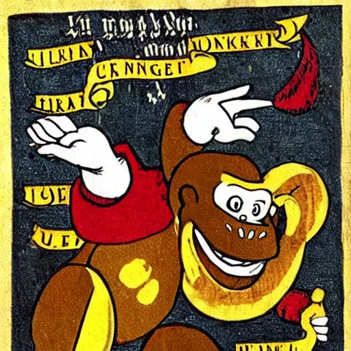 Image similar to Donkey Kong slips on a banana with a bunch on his arms, medieval text book art