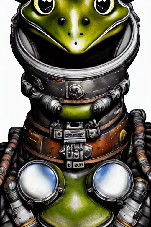 Image similar to a portrait of a muscular anthropomorphic cyberpunk frog in spacesuit armor with ensignia on chest plate by sandra chevrier, by jon foster, detailed render, post - processing, extremely hyperdetailed, intricate, epic composition, cybernetics, 4 k realistic, cryengine, realistic shaded lighting, sharp focus, masterpiece, by enki bilal