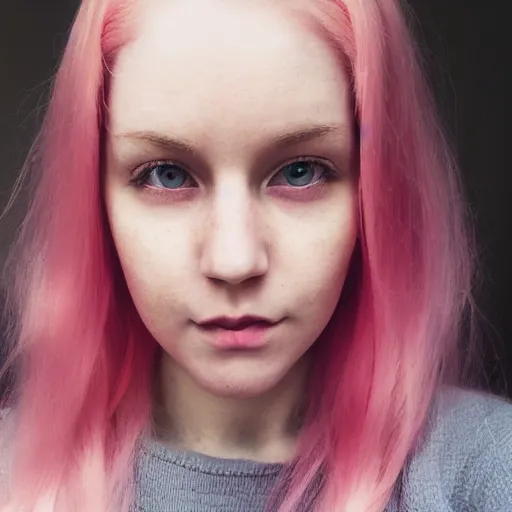 Image similar to a pale girl with pink hair and yellow eyes, soft facial features, looking directly at the camera, neutral expression, instagram picture