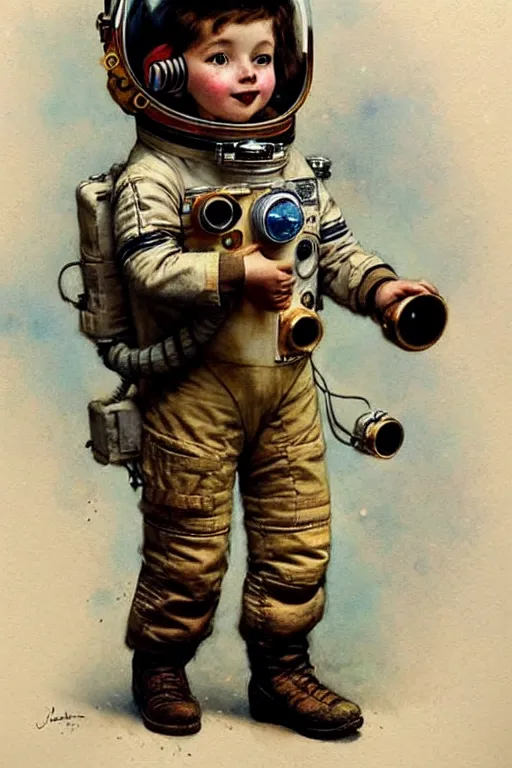 Prompt: (((((1950s child astronaut steampunk explorer . muted colors.))))) by Jean-Baptiste Monge !!!!!!!!!!!!!!!!!!!!!!!!!!!