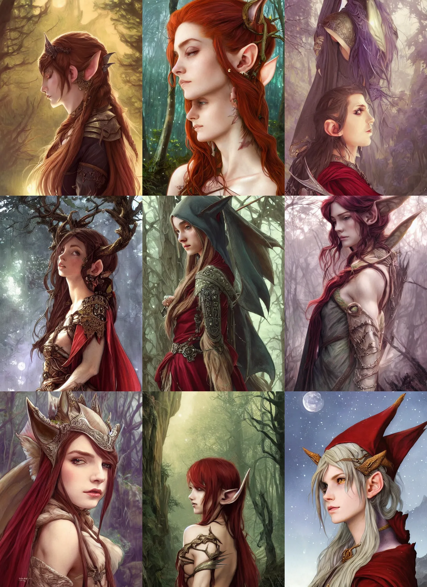 Prompt: side portrait high-fantasy elf girl with detailed pointed shar long ears, adventurer outfit large cloak, fantasy forest landscape, moonshine, fantasy magic, feathery red hair, dark light night, intricate, elegant, sharp focus, illustration, highly detailed, digital painting, concept art, matte, art by WLOP and Artgerm and Greg Rutkowski and Alphonse Mucha, masterpiece