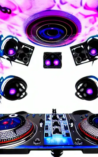 Image similar to award winning photo of an octopus! as a dj with tentacles! simultaneously placed turntables cdjs and knobs of a pioneer dj mixer. sharp, blue and fuschia colorful lighting, in front of a large crowd, studio, medium format, 8 k detail, volumetric lighting, wide angle, at an outdoor psytrance festival main stage at night