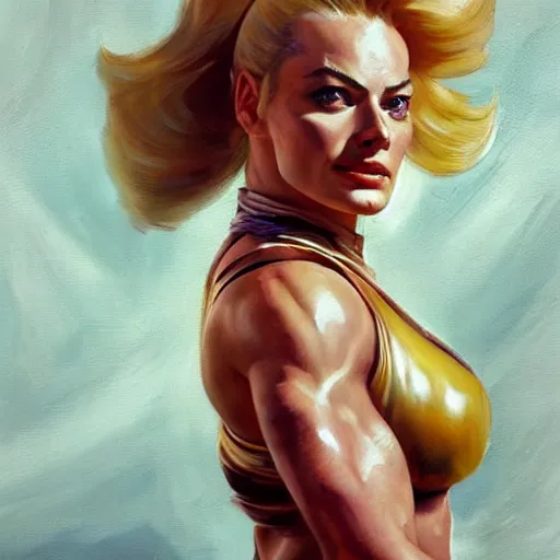 Image similar to greg manchess portrait of margot robbie as thick female bodybuilder zarya from overwatch, epic grimdark, fantasy, medium shot, asymmetrical, profile picture, organic painting, sunny day, matte painting, bold shapes, hard edges, street art, trending on artstation, by huang guangjian and gil elvgren and sachin teng