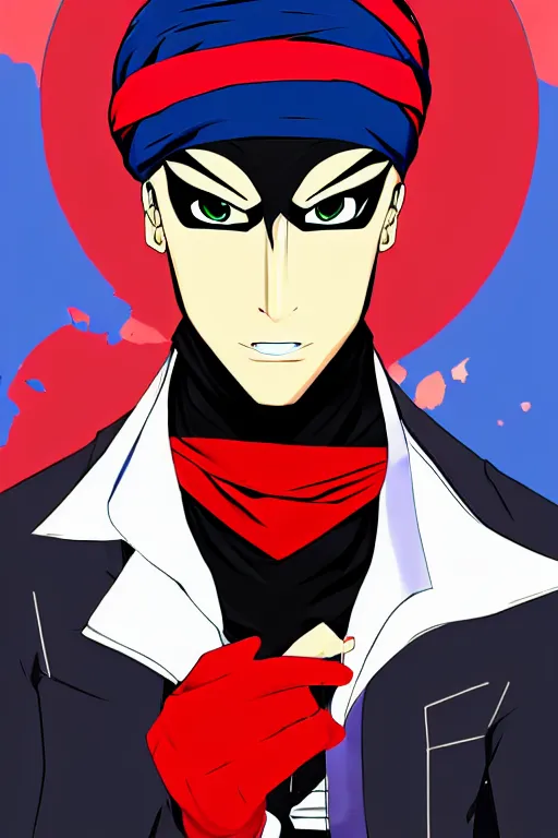 Image similar to A young man wearing a blue turban, beardless, shaven face, middle-eastern, in the style of Persona 5, Persona 5, Persona 5 artwork