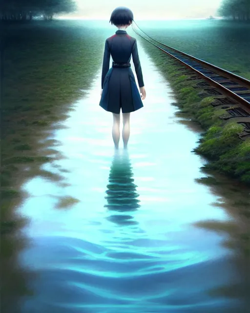 Image similar to photo of chihiro walking along train tracks stretching out toward the horizon that are submerged under a few inches of water, intricate, elegant, highly detailed, digital painting, artstation, concept art, smooth, sharp focus, illustration, art by artgerm and greg rutkowski and fra angelico