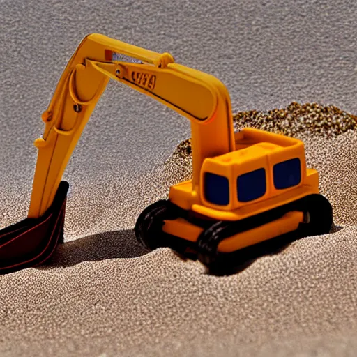 Prompt: excavator toy, beach, sand, sea, depth of field, very detailed, holiday vibe, photo style, ultra realistic