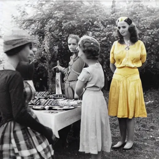 Image similar to an image of a queen with tan skin long rippling cinnamon hair and emerald colored eyes in a medium full shot, vintage historical fantasy 1 9 3 0 s kodachrome slide german and eastern european mix. the queen is pictured attending a barbecue for youth volunteers. she is dressed in a yellow dress paired with green accessories.
