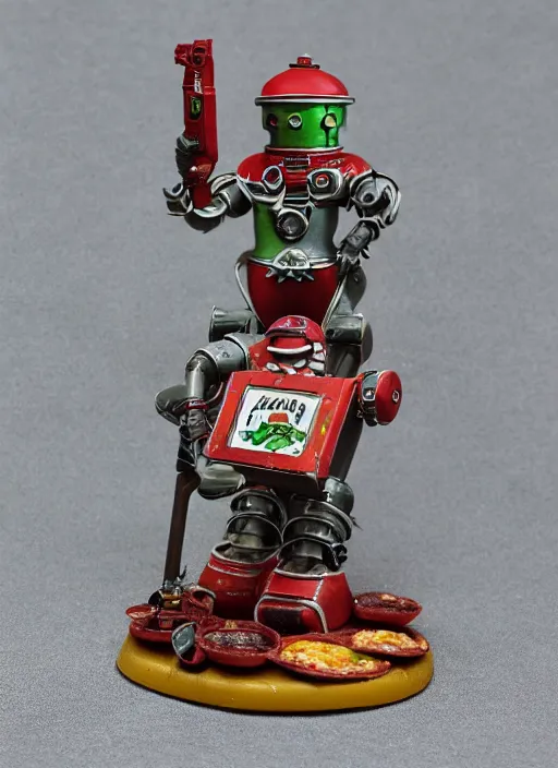 Image similar to 8 0 mm resin detailed miniature of a warhammer 4 0 k pizza delivery boy, robot, product introduction photos, 4 k, full body,