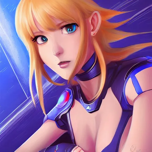 Image similar to Zero Suit Queens Gambit Samus, beautiful soft human features, blonde hair cut in a bob, striking blue eyes, anime cartoon style, Blue armor, artstation, rossdraws