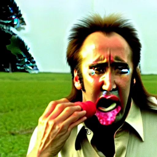 Image similar to nicolas cage screaming with a mouth full of peas, movie still, the wicker man