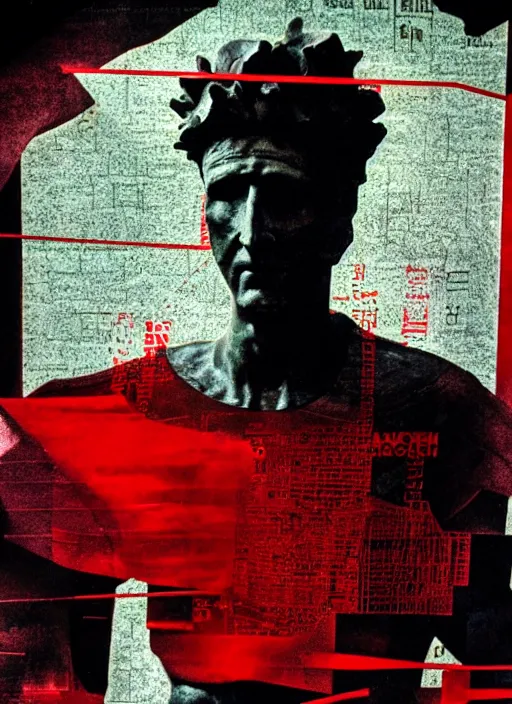 Image similar to design poster showing a statue of julius caesar, black background with very subtle red and purple design elements, powerful, nekro, laszlo moholy - nagy, graphic design, collage art, thin lines, dark, glitch art, neo vaporwave, gritty, layout frame, square, trending on artstation