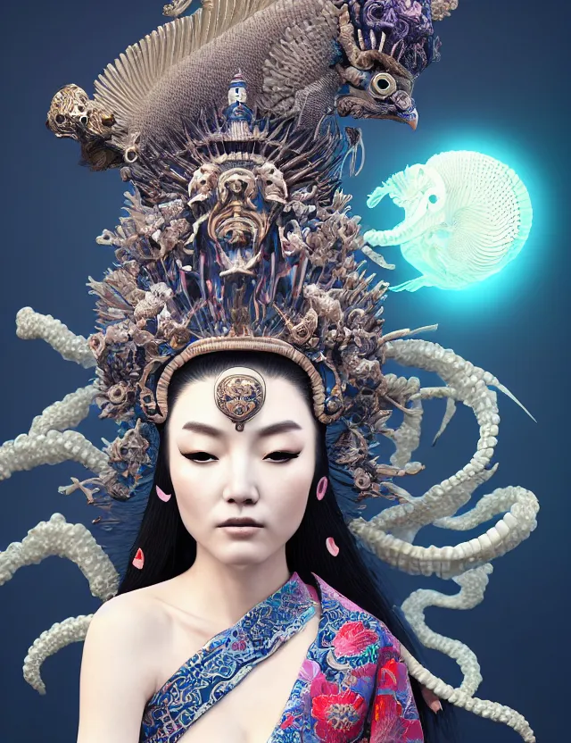 Image similar to 3 d goddess close - up profile portrait with crown, ram skull. beautiful intricately detailed japanese crow kitsune mask and clasical japanese kimono. betta fish, jellyfish phoenix, bio luminescent, plasma, ice, water, wind, creature, artwork by tooth wu and wlop and beeple and greg rutkowski