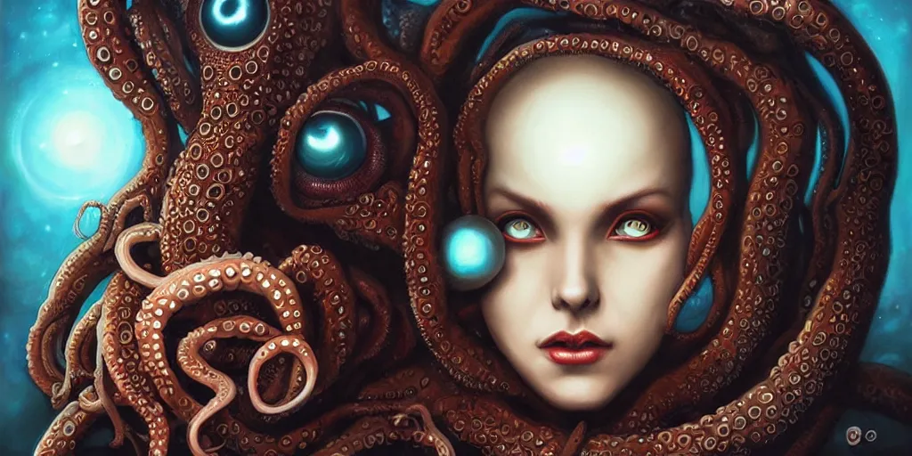 Image similar to queen octopus with a giant eyeball pearl head by Anato Finnstark, Tom Bagshaw, Brom