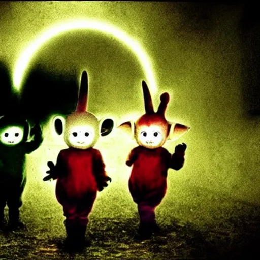 Prompt: gothic teletubbies. emo. disturbing. folk horror