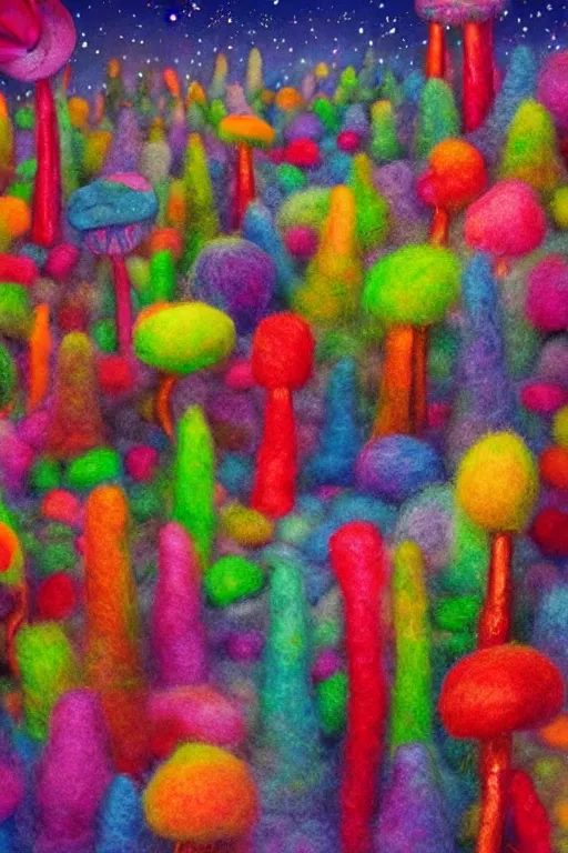 Image similar to a matte digital painting of a candy forest at night, bokeh, bright colours, watercolor, volumetric wool felting, macro photography, children illustration, by alex grey