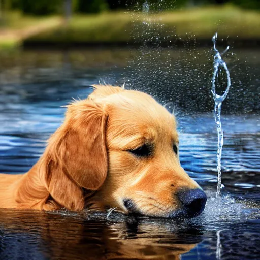 Image similar to a realistic image of a golden retriver drinking water, ultra high detail, 8 k.