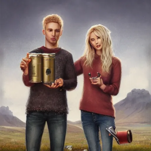 Prompt: a highly detailed portrait of a young couple from the side, holding a tin can, remote icelandic village, summer, jeans and t shirt, blonde hair, muted colors, joy, by tom bagshaw, trending on artstation,