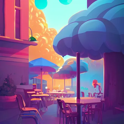 Image similar to cafe in the clouds, brightly illuminated by rays of sun, artstation, colorful sylvain sarrailh illustration, by peter chan, day of the tentacle style, twisted shapes