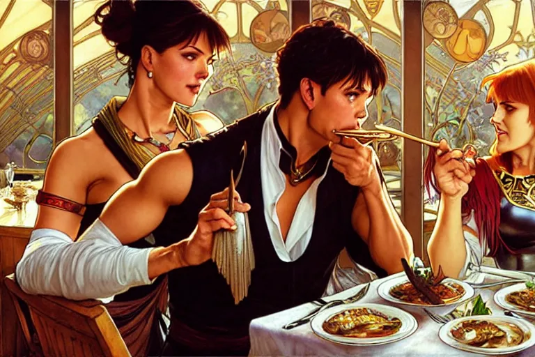 Image similar to xena warrior princess eating at a restaurant, with a hispanic man in a suit as her companion, art by artgerm and greg rutkowski and alphonse mucha