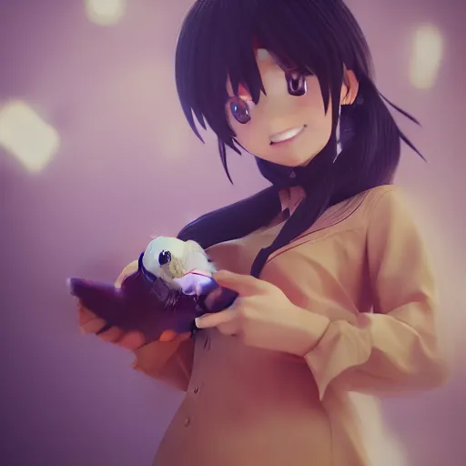 Image similar to Anime girl in a school, holding a hamster, concept art, ultra realism, photo realistic, cgsociety, octane render, artstationHD, artstationHQ, unreal engine, 4k, 8k