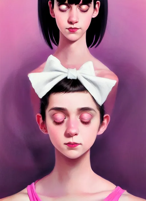 Image similar to portrait of teenage girl, realistic, black hair, bangs, half updo hairstyle, pointy nose, skinny, smile, ugly, defined jawline, big chin, pink hair bow, earrings, intricate, elegant, glowing lights, highly detailed, digital painting, artstation, sharp focus, illustration, art by wlop, mars ravelo and greg rutkowski