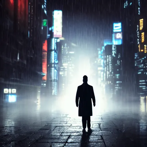 Image similar to ONE SINGLE detective in trench coat looking away from the camera, cyberpunk, futuristic, technology , cinematic lighting, depth of field, highly detailed, volumetric fog, dark, moody, gritty, rain, neon lights