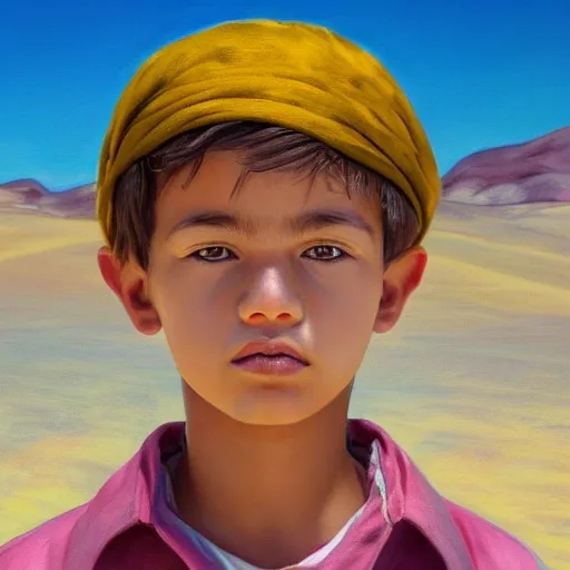 Prompt: a detailed portrait of a boy in the desert, art illustration, incredibly highly detailed and realistic, 8 k, sharp focus