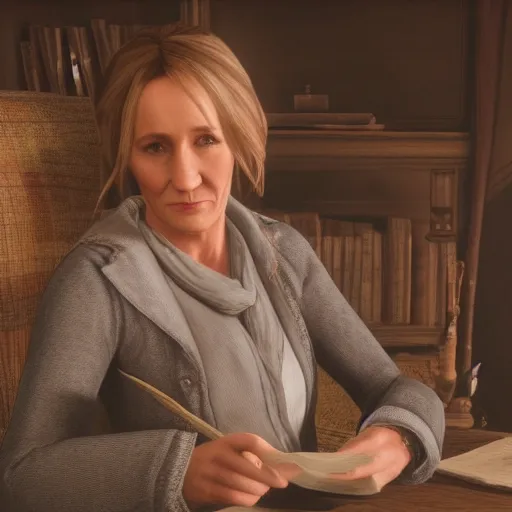 Image similar to Film still of J. K. Rowling, from Red Dead Redemption 2 (2018 video game)