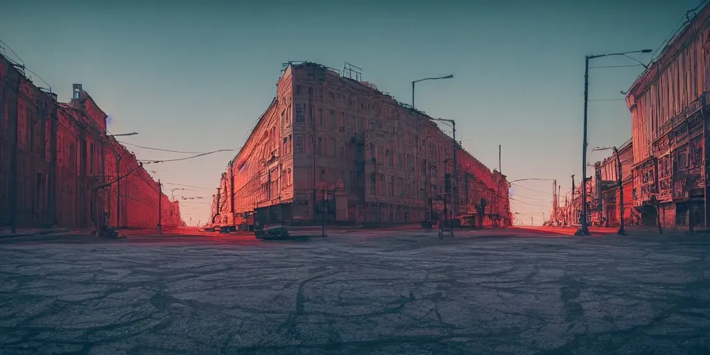 Image similar to photo of city street neon on mars, norilsk st. petersburg city, telephoto, anamorphic cinematography, beautiful composition, color theory, leading lines, photorealistic, moody volumetric lighting