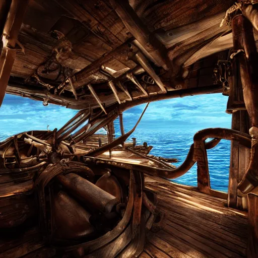 Image similar to interior of a shipwrecked pirate ship, stunning atmosphere, high octane, cinematic lighting 4 k - - aspect
