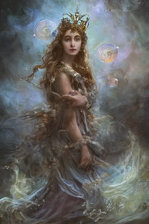 Image similar to elaborately hyperdetailed Surrealist pre-raphaelite illustration of an extremely beautiful regal woman with an imponent crown, eerie mist and ethereal pink bubbles, Aetherpunk, atmospheric lighting, bright background, moonlight, high fantasy professionally painted digital art painting, smooth, sharp focus, highly detailed illustration highlights, backlight, golden ratio, 8K detail post-processing, symmetrical facial features, rich deep moody colors, award winning picture, Daily Deviation on DeviantArt, trending on cgsociety, featured on ArtstationHQ, very coherent symmetrical artwork, concept art