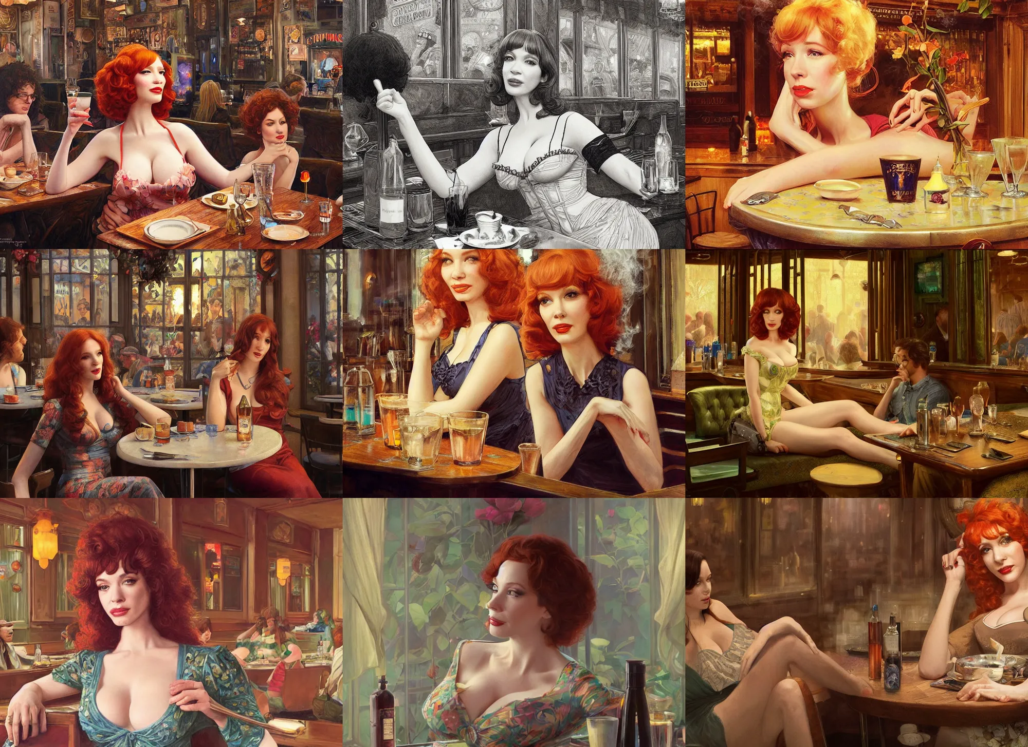 Prompt: sophisticated Christina Hendricks as a 1960s flower hippie relaxing in a smokey Paris tavern, elegant, highly detailed, shallow depth of field, concept art, Artstation, Artgerm, Donato Giancola, Joseph Christian Leyendecker