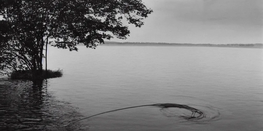 Image similar to an infinitely long rope zig - zagging across the surface of the water into the distance, floating submerged rope stretching out towards the center of the lake, a dark lake on an overcast day, rocky shore, directed by stanley kubrick, atmospheric, color film, trees in the background, hyper - detailed photo, anamorphic lens