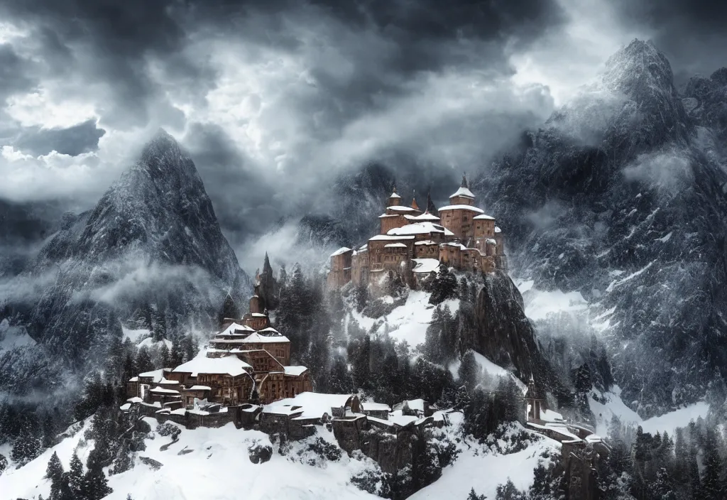 Image similar to A monastery on top of a snowy mountain surrounded by epic clouds by max schiller, cinematic, cinema lighting, ultra realistic, concept art, award winning