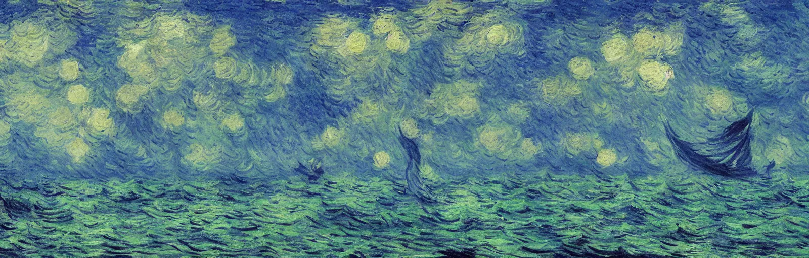 Image similar to An aesthetically pleasing, dynamic, energetic, lively, well-designed digital art of the fish in the ocean viewed from underwater, nature cinematography, light and shadow, chiaroscuro, by Claude Monet and Vincent Van Gogh, superior quality, masterpiece, excellent use of negative space. 8K, superior detail, widescreen.