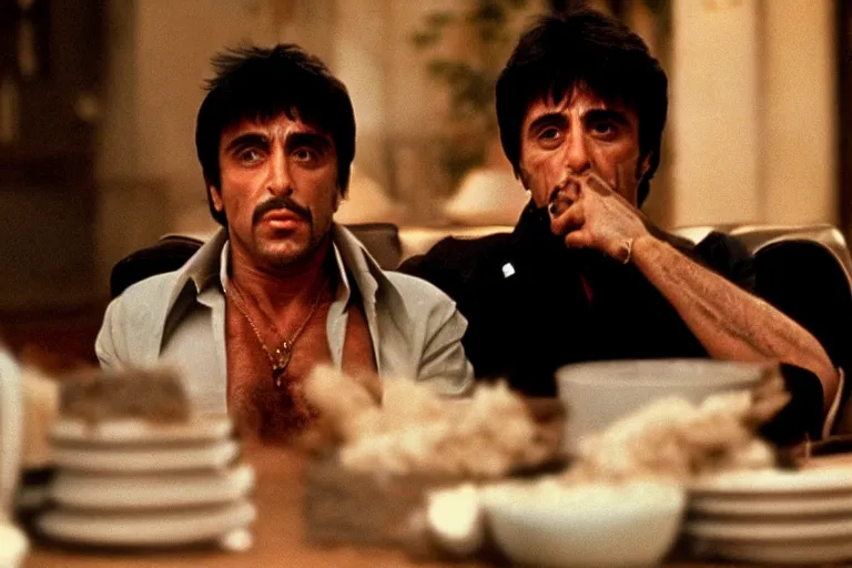 Image similar to face portrait of tony montana from movie scarface 1 9 8 3 sitting behind a big black oak table with big large packages of flour. al pacino. perfect symmetric face, coherent eyes, ron cobb, fine details, cinestill, 4 k. last scene from scarface movie, bokeh