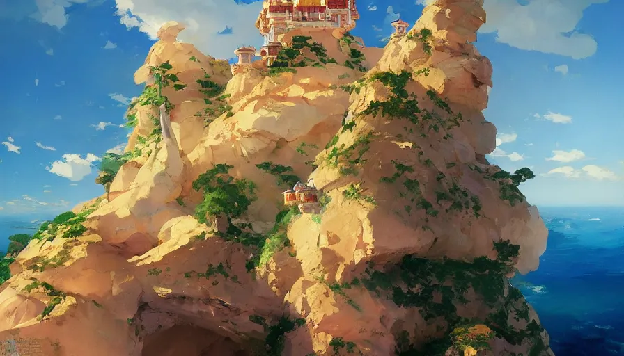 Image similar to MAGIC WIERD Royal CRYSTAL castle built OVER CLIFF, hyperdetailed, artstation, cgsociety,by studio ghibli painting,by Joaquin Sorolla rhads Leyendecker, by Ohara Koson and Thomas, 8k