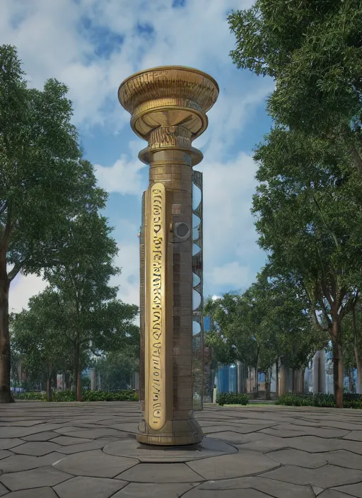 Prompt: highly detailed realistic architecture 3 d render of a futurisctic stele made from coin stacks standing in a city park, archdaily, made in unreal engine 4 octane render