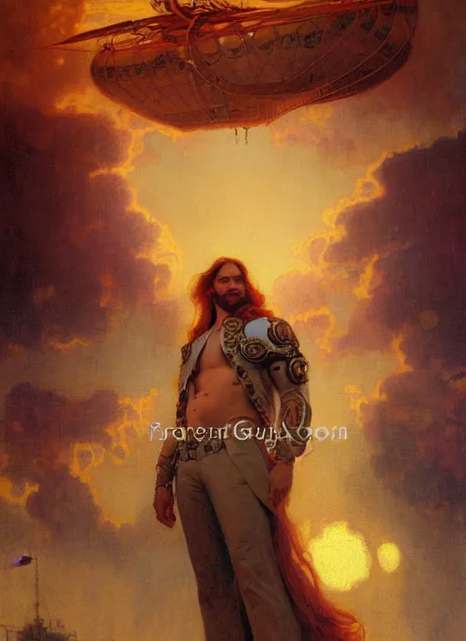 Prompt: portrait painting of a handsome face rugged long hair crimson hair male captain, top half portrait soft hair steampunk ornate mechanical zeppelin airship in the background sky sunset golden hour fantasy soft hair deviantart book cover art atmospheric volumetric lighting art by mucha greg rutkowski gaston bussiere