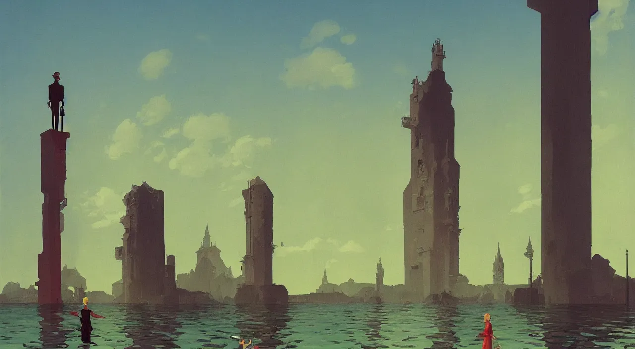 Image similar to single flooded simple flesh tower, very coherent and colorful high contrast!! masterpiece by rene magritte simon stalenhag carl spitzweg syd mead norman rockwell edward hopper james gilleard, minimalist, dark shadows, sunny day, hard lighting