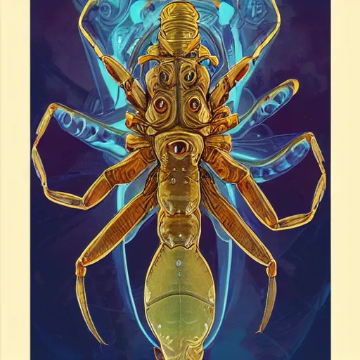 Image similar to diagram of blind isopod with three scorpion tail tentacles curled in a large human hand, science fiction concept art by Anato Finnstark, Alphonse Mucha, and Greg Rutkowski