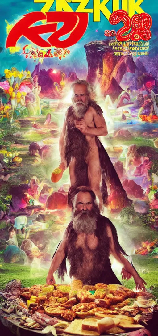 Prompt: an 8 k magazine cover photo shoot color hdr picture of zardoz accessing third eye everlasting magical second level during his 9 6 6 th birthday party along with female friends. everything is of the second level including plates of green bread and hams on the isle of kun lao. volumetric lighting with picoso hotdogs. atmospheric