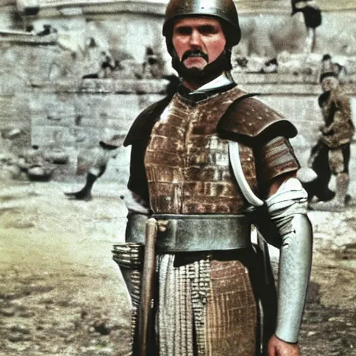 Image similar to photograph of a roman soldier in front of his army, ancient rome, movie picture, colour photograph