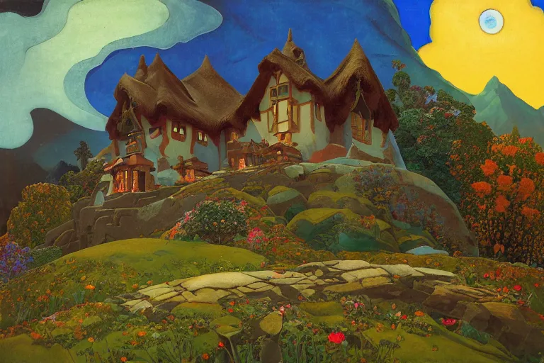 Image similar to the enchanted cottage and gardens of a wise woman on a mountaintop, dramatic cinematic lighting, folk-art carved painted wood house, rich colors, by Nicholas Roerich and William Dyce and ford madox brown and April Gornik and Caspar David Friedrich and Diego Rivera and Tyler Edlin and Ivan Bilibin, featured on artstation