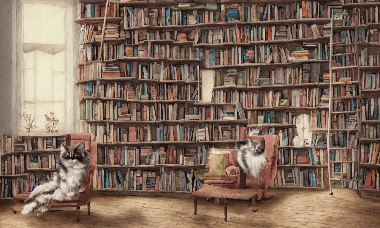 Image similar to bookshelf, maine coon cats, brick streets, ancient manuscripts, a reader in a chair, nordic pastel colors, 3 d art, digital illustration, perfect lighting