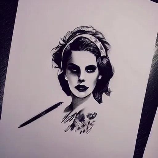 Image similar to Lana del rey tattoo design, photorealistic, dramatic