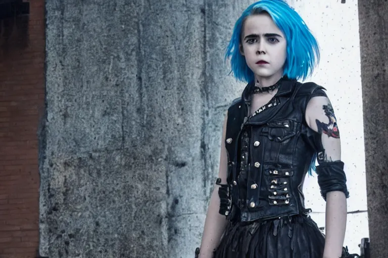 Prompt: promotional image of kiernan shipka as a british punk rocker in a new movie, blue dyed hair, leather clothes, heavy makeup, detailed face, movie still frame, promotional image, imax 70 mm footage