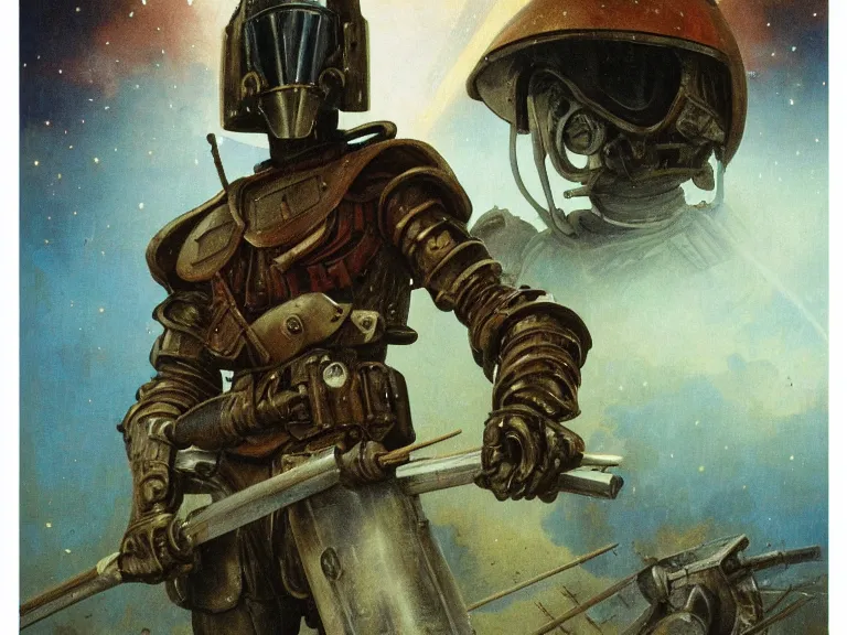 Prompt: a detailed profile painting of a bounty hunter in cloth and metal armour and visor. WW1 cinematic sci-fi poster. Cloth and metal. Welding, fire, flames, samurai Flight suit, accurate anatomy portrait symmetrical and science fiction theme with lightning, aurora lighting clouds and stars. Clean and minimal design by beksinski carl spitzweg giger and tuomas korpi. baroque elements. baroque element. intricate artwork by caravaggio. Oil painting. Trending on artstation. 8k